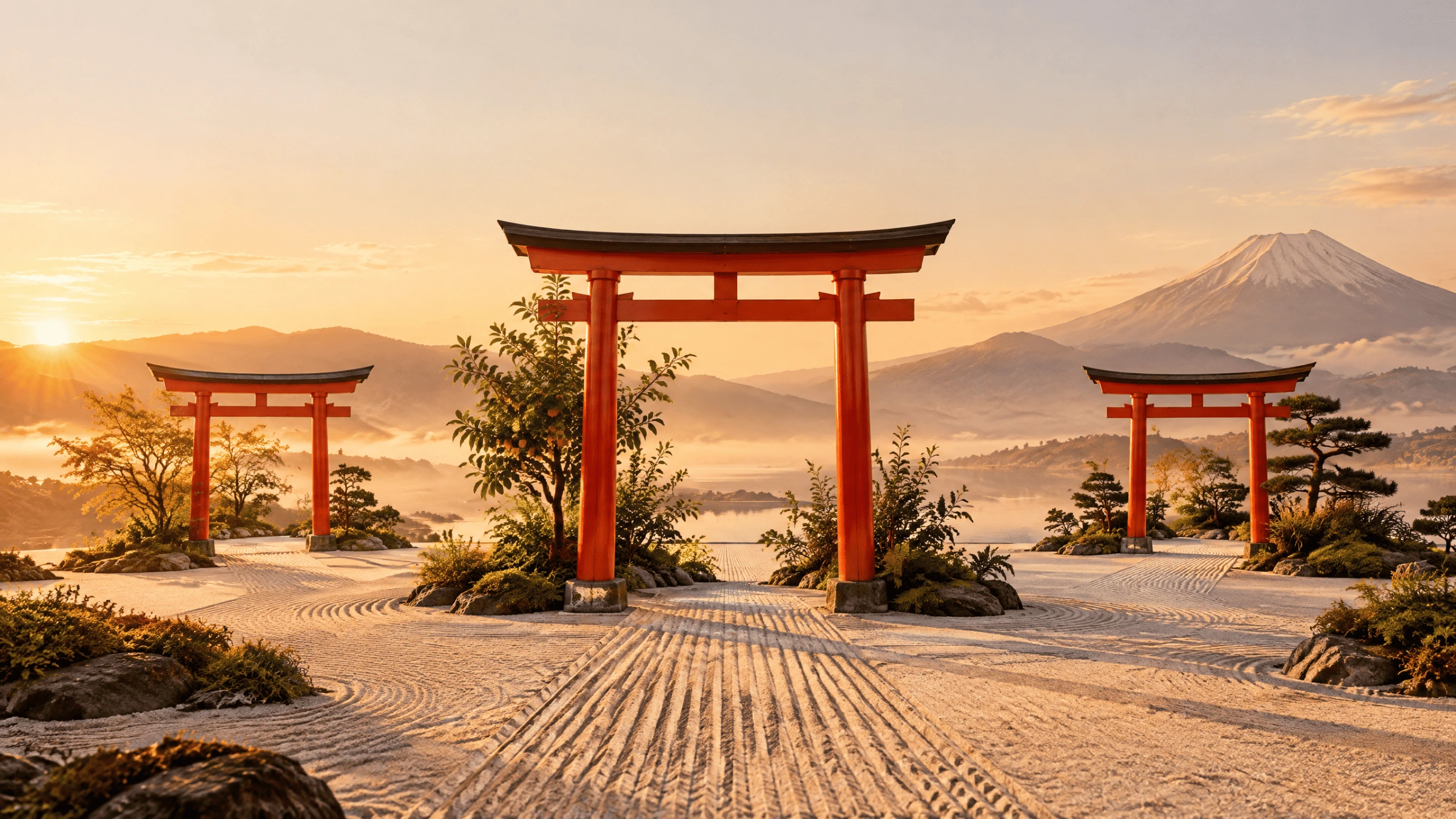 Tres puertas torii de madera bermellón sobre un jardín de arena rastrillada, al amanecer. La del centro está más cerca y es la más grande, con un árbol pequeño creciendo junto a una de sus columnas; las otras dos quedan a los lados, más lejos. Detrás, un lago con niebla baja, colinas y una montaña nevada de cima cónica a la derecha. El sol sale por la izquierda, bajo.